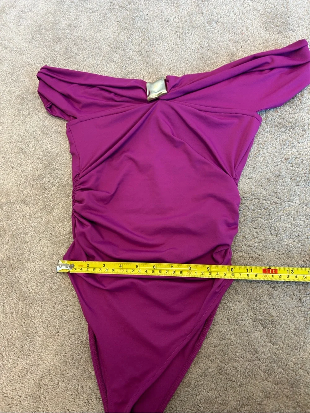 ZARA Magenta Off-the-Shoulder Ruched Bodysuit Gold Hardware Stretch Top Sz M